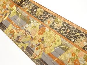 リサイクル　縞・花々に地紙・几帳模様織り出し袋帯